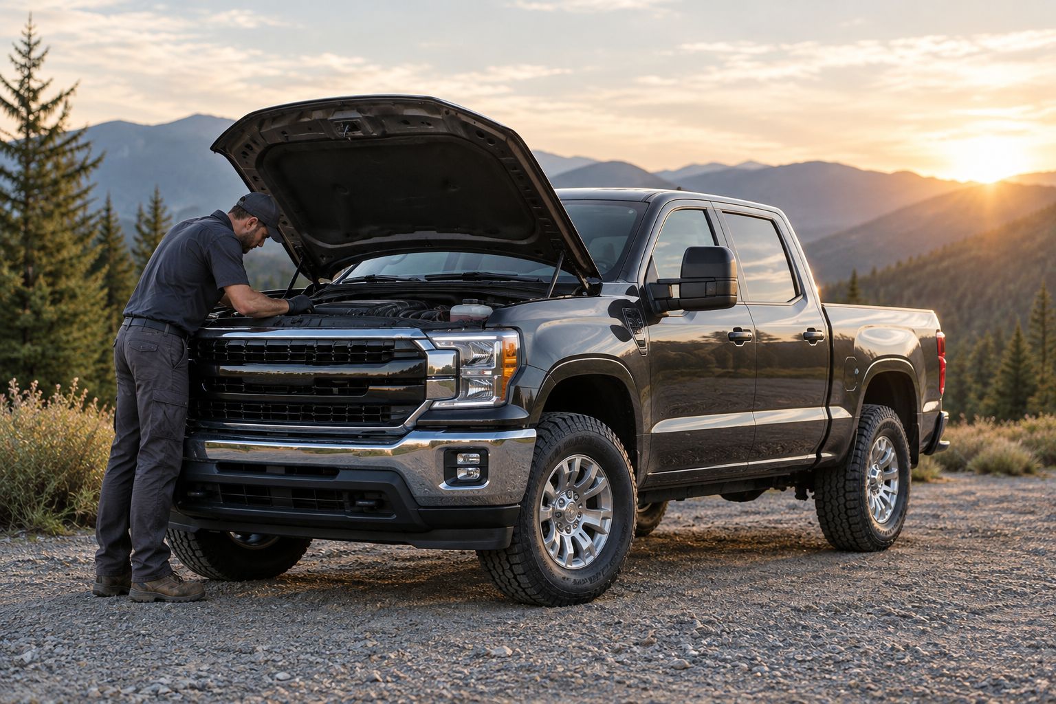 Mechanic inspecting the engine bay of a used diesel pickup