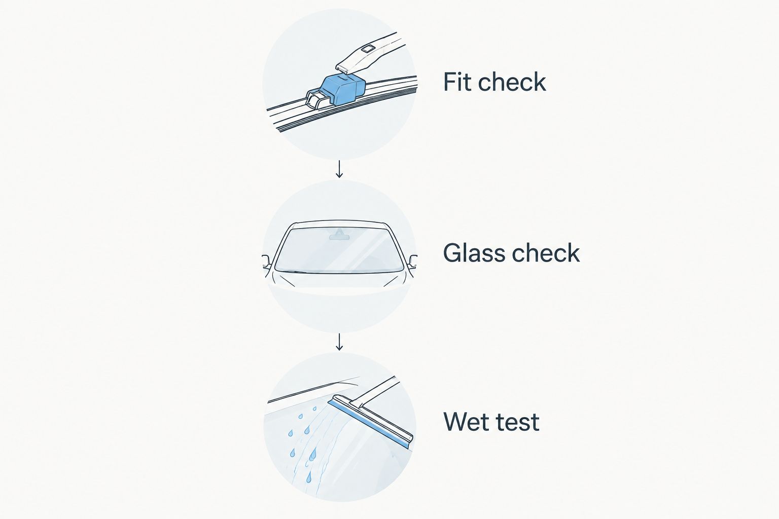 Three checks for windshield wipers: correct fit, clean glass, and a parked wet test