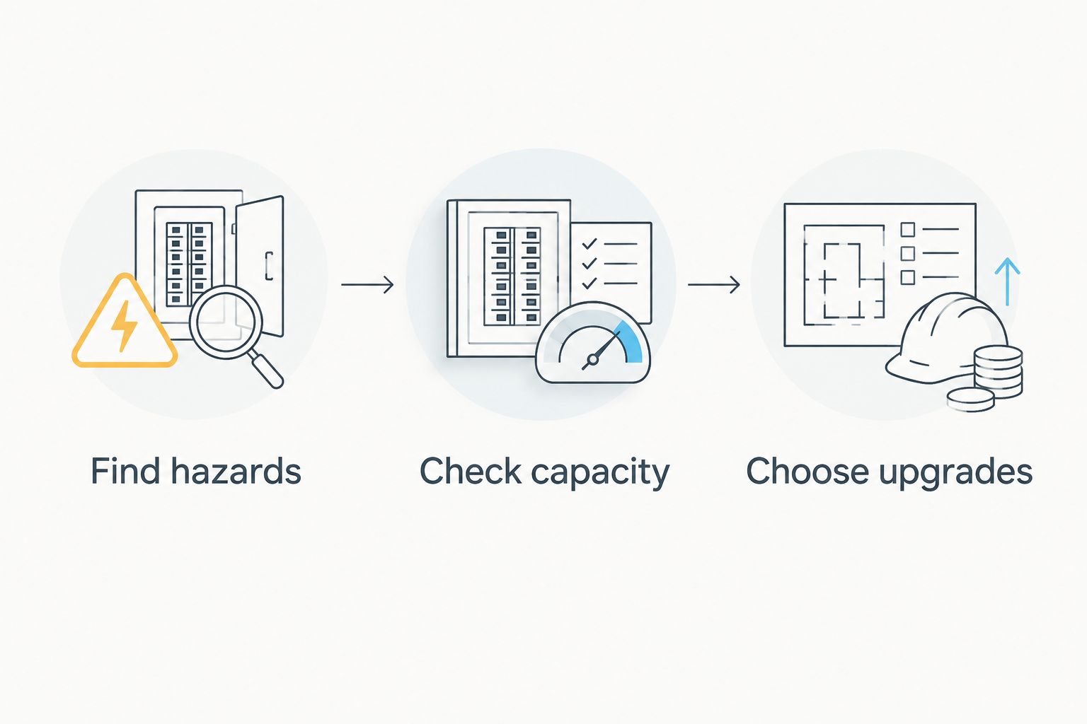 Electrical upgrade planning sequence: find hazards, check capacity, then choose upgrades