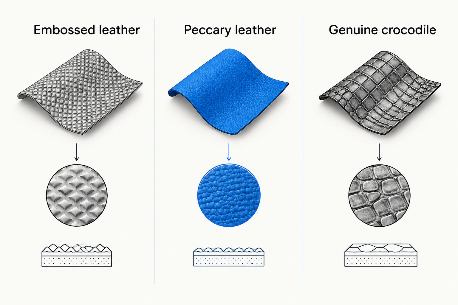 Comparison distinguishing embossed leather, peccary leather, and genuine crocodile