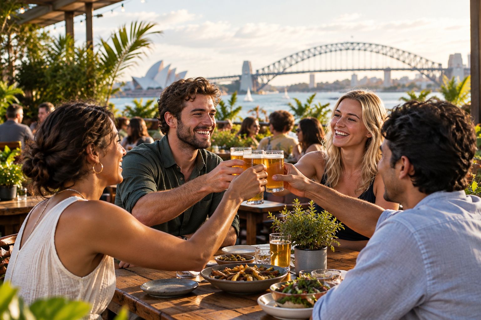 Friends gathered around a table in an outdoor Sydney pub garden