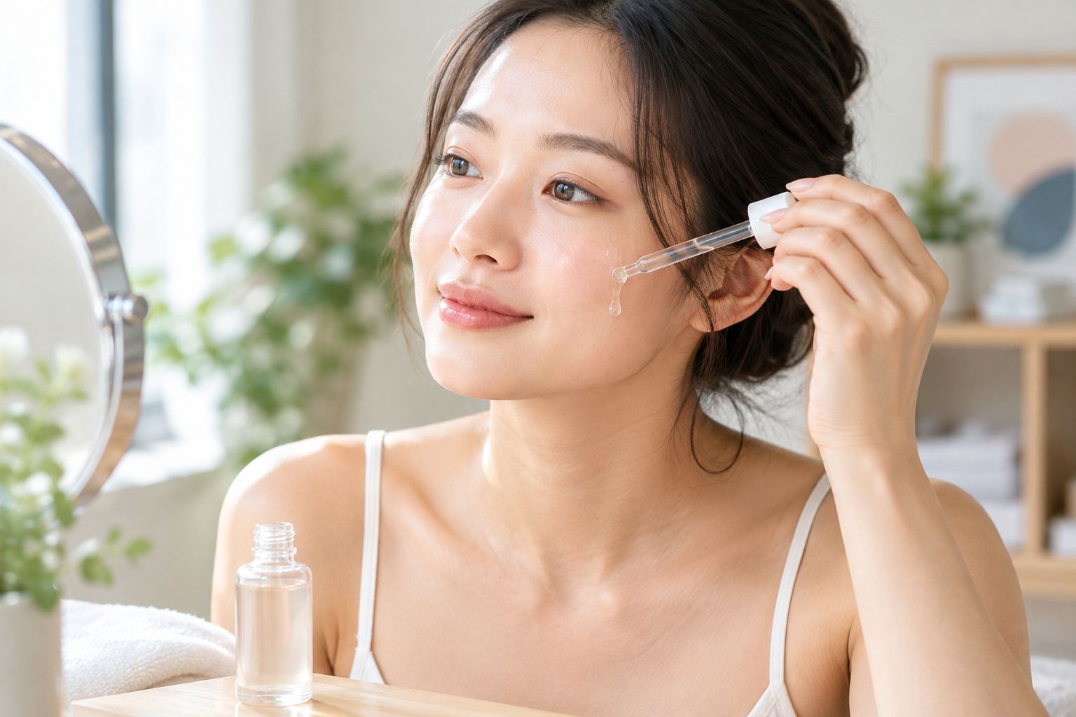 Applying a lightweight brightening serum to the cheek