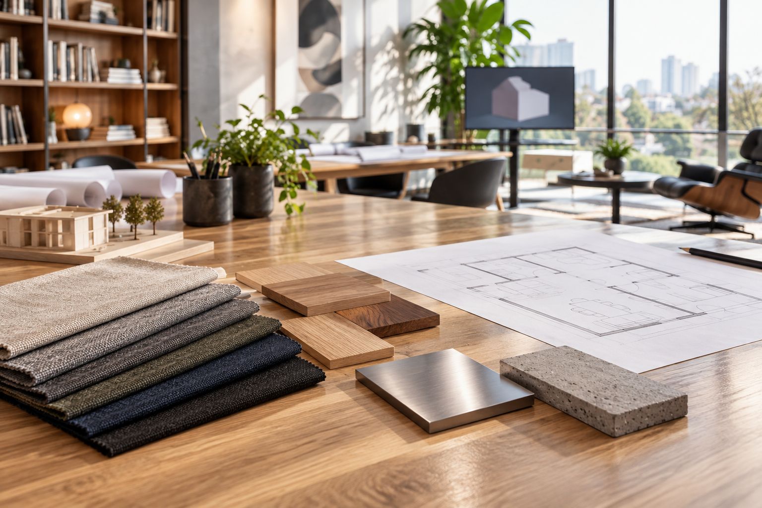 Upholstery, wood, metal, and concrete samples compared together in daylight