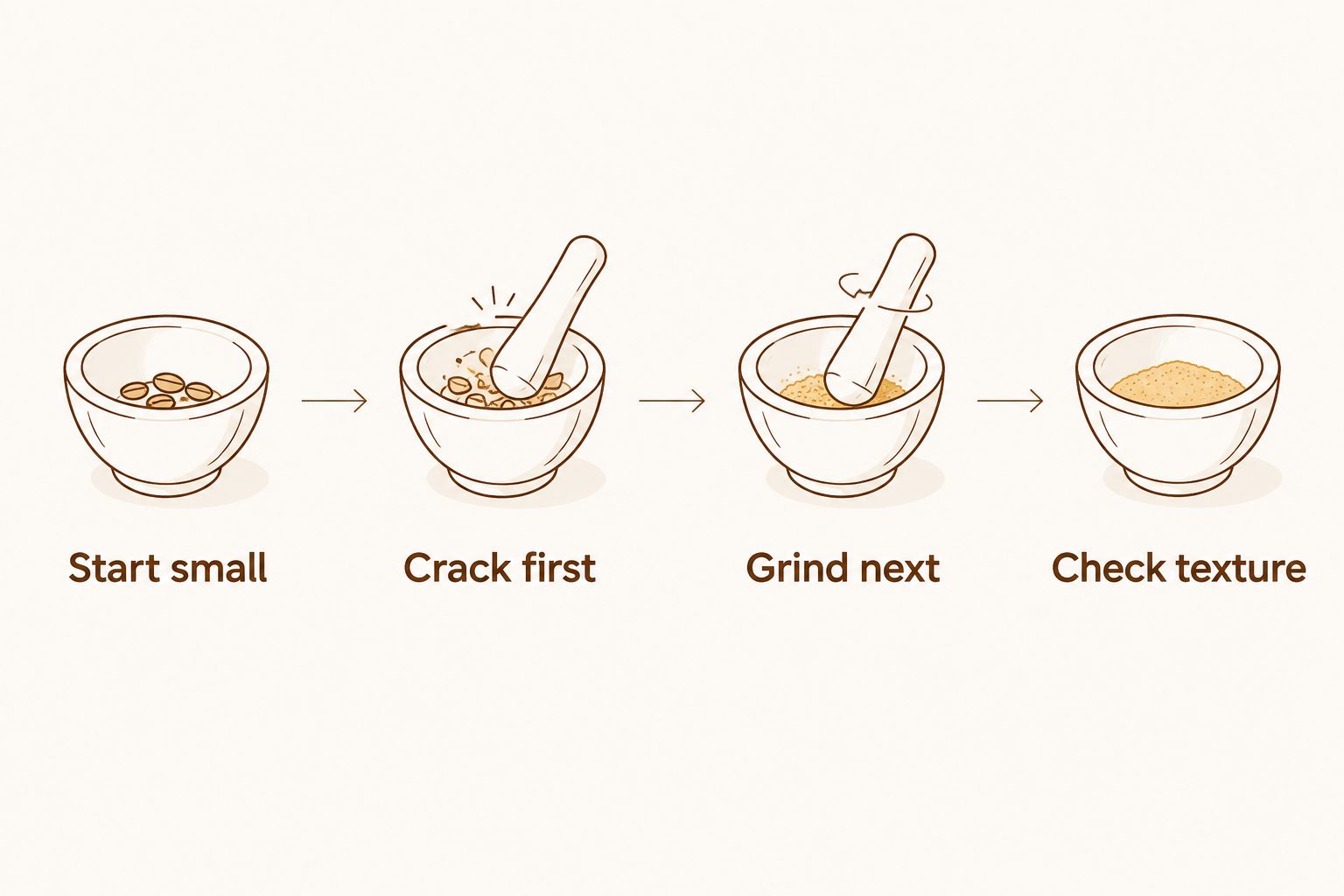 Four steps for grinding whole spices: start small, crack first, grind next, and check texture.