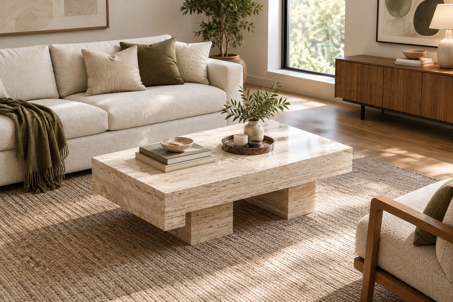 Natural-stone coffee table positioned between a sofa and armchair with clear walking space