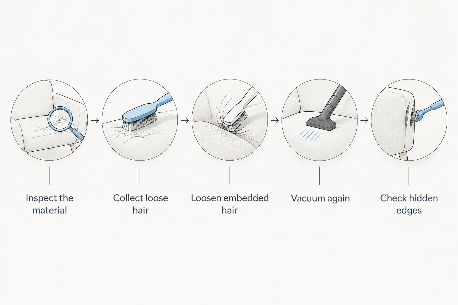 Pet-hair removal sequence from upholstery inspection through checking hidden edges