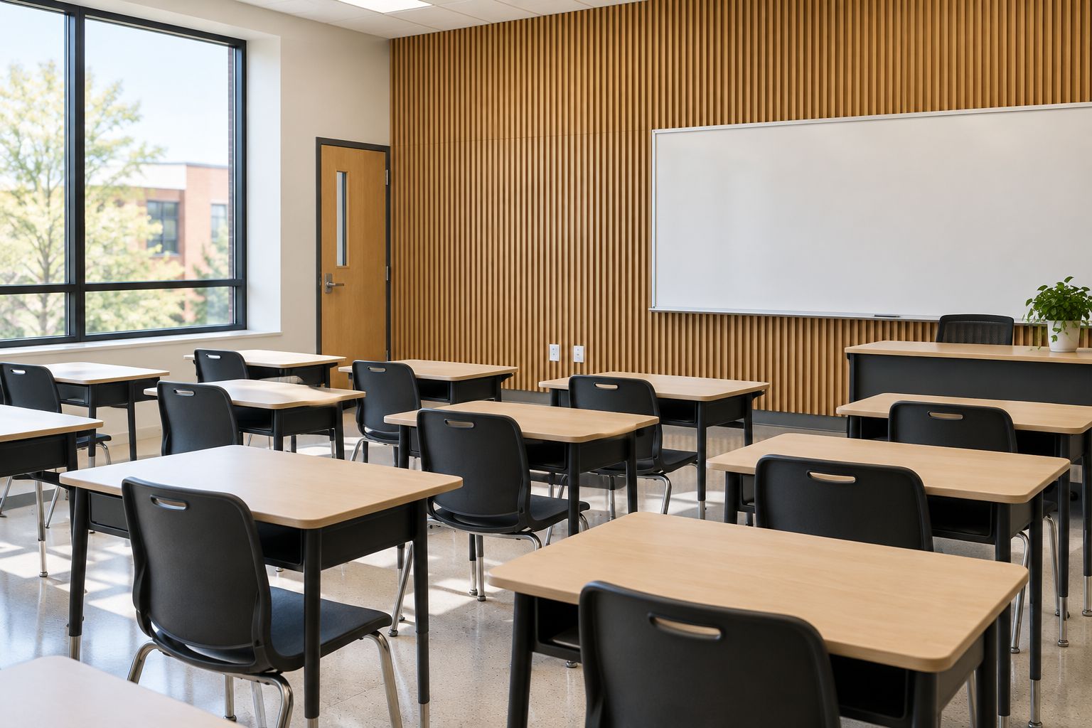 Classroom wall treatment arranged around a teaching board, door, outlets, and desks