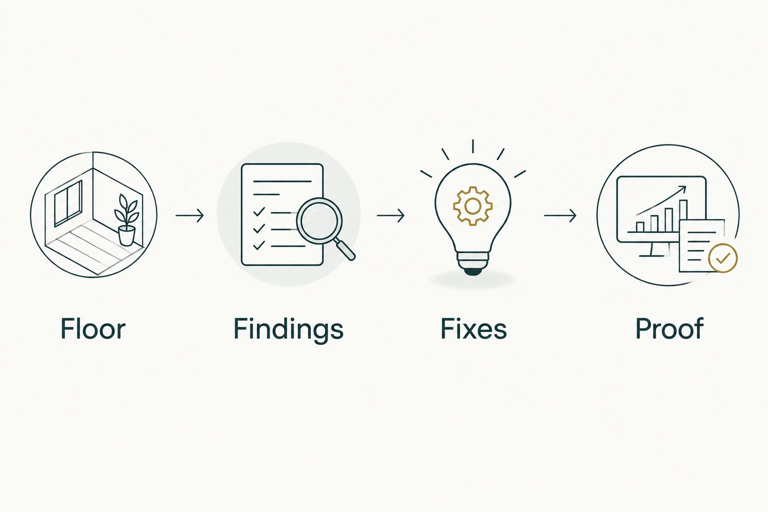 Four-step flow from checking the floor to keeping proof of a fix