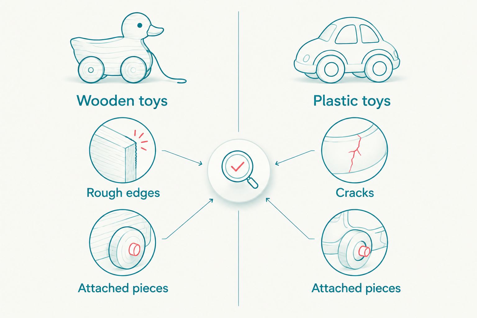 Side-by-side checks for damage and loose parts on wooden and plastic toys