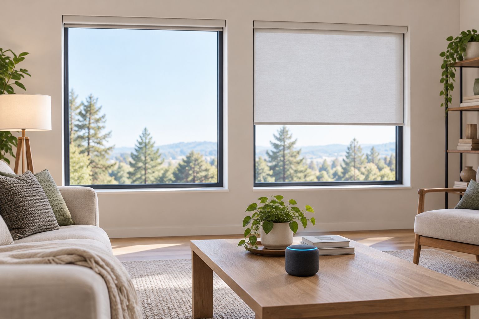 Two adjacent windows with roller shades at different positions