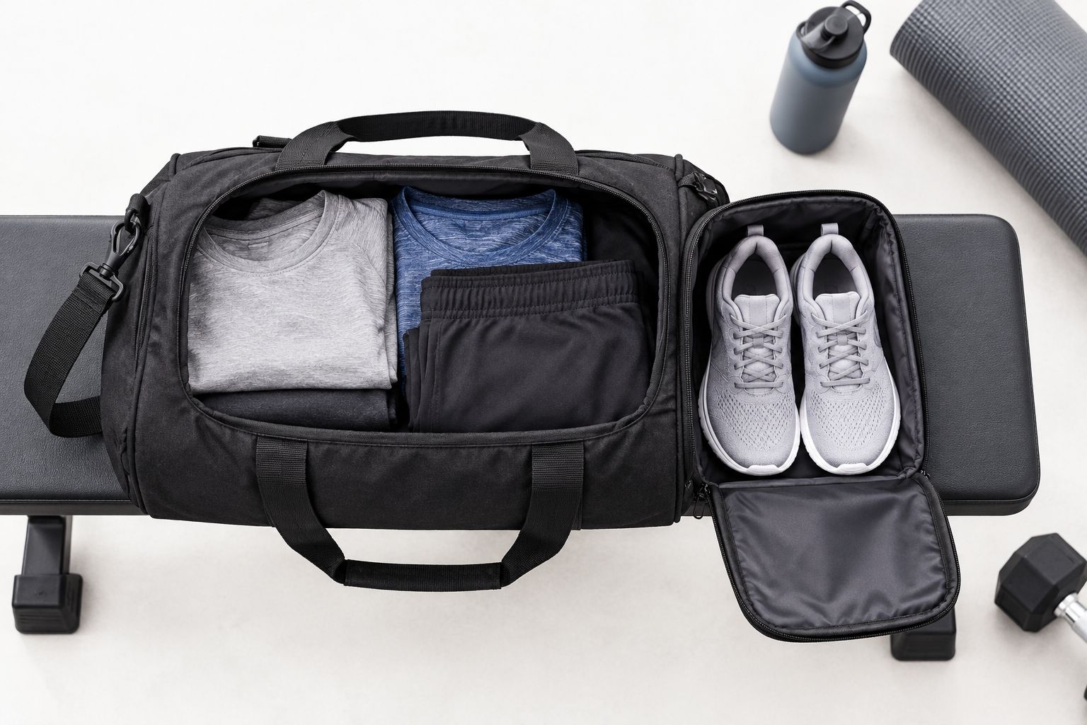 Open gym duffel with a separate shoe pocket beside workout shoes and folded clothing