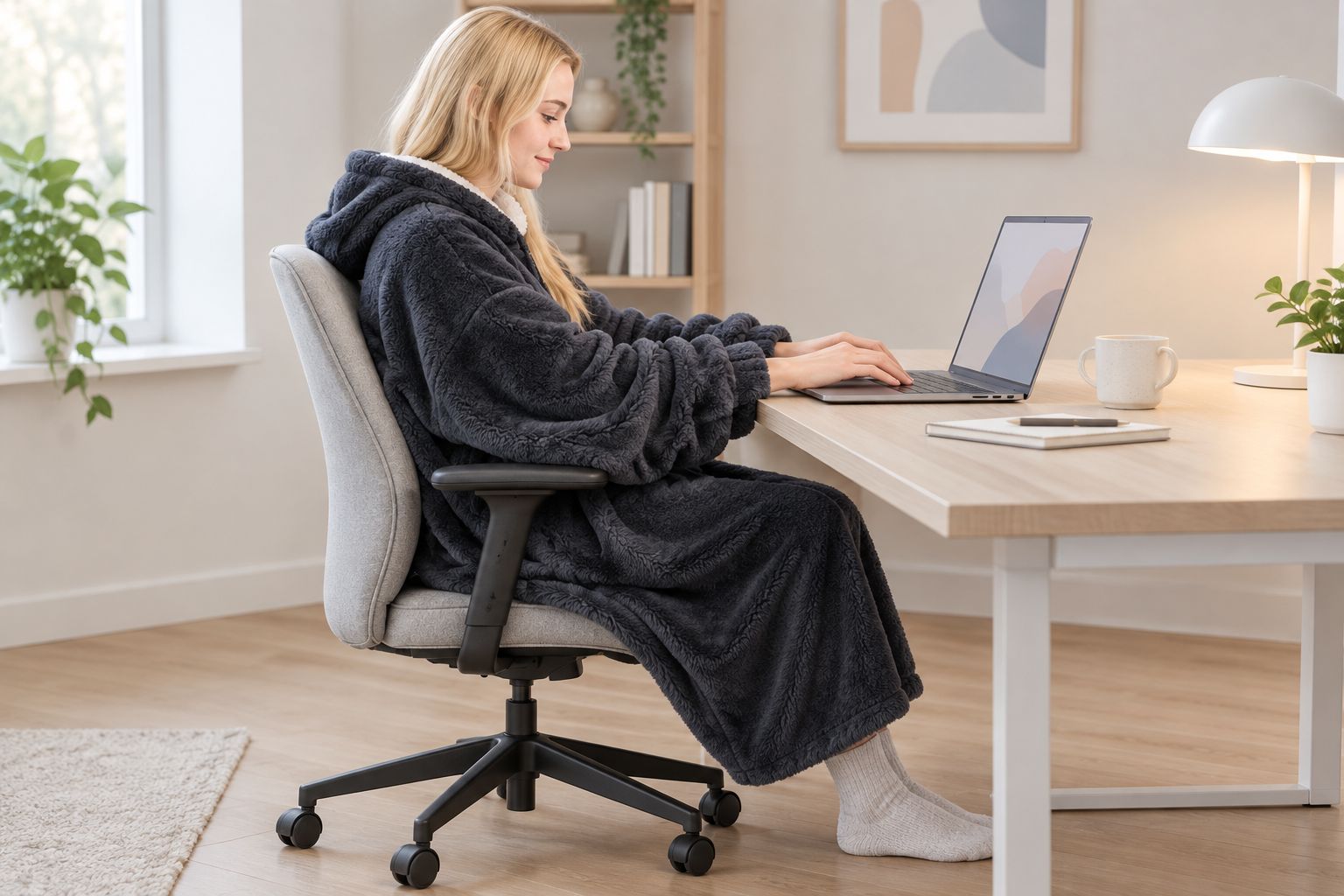 Desk worker checking sleeve clearance and keeping loose fabric away from rolling chair wheels