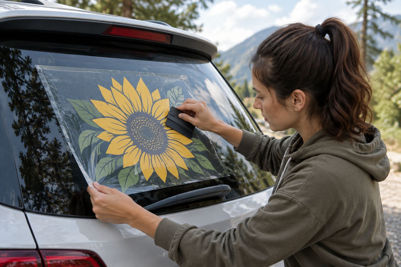 Hands applying a custom vinyl decal with a sunflower design to a car window