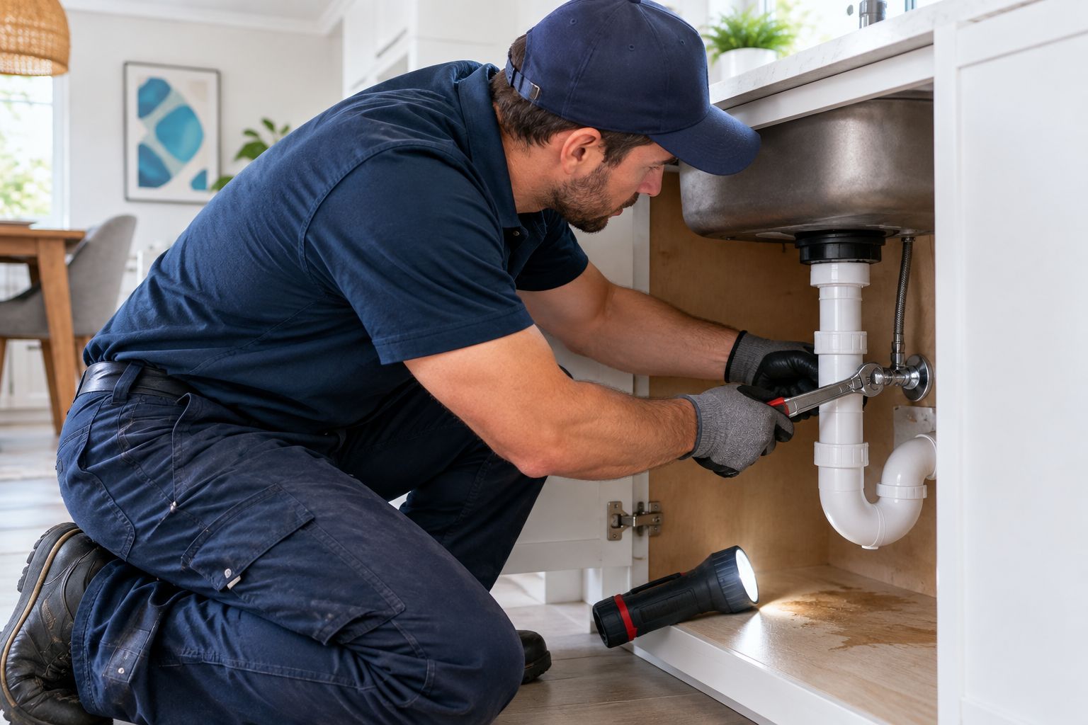 Plumber repairing a shutoff valve under a kitchen sink during an emergency call