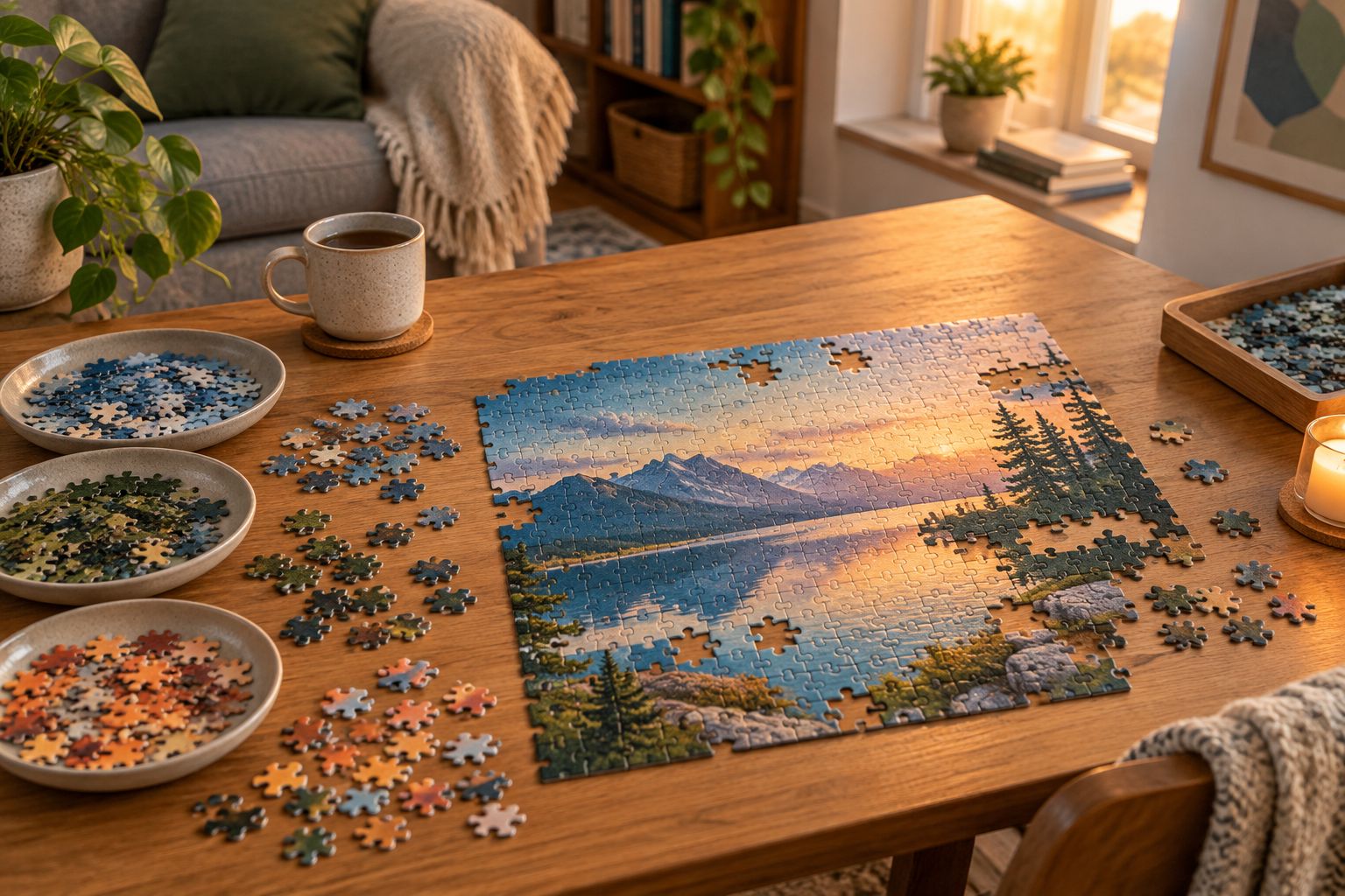 Partly assembled jigsaw puzzle with sorted pieces on a table