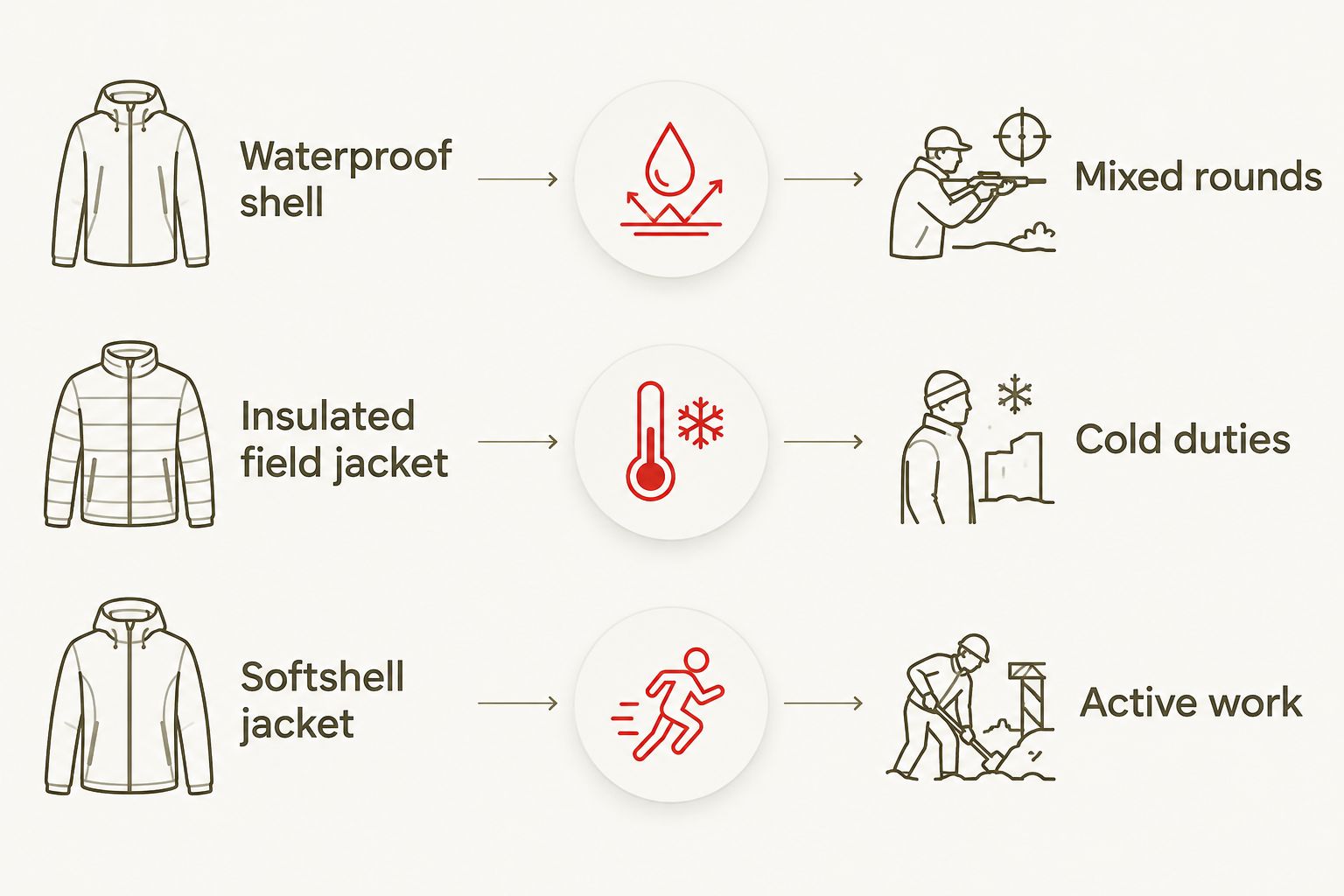 Comparison of three jacket types matched to mixed rounds, cold duties and active work