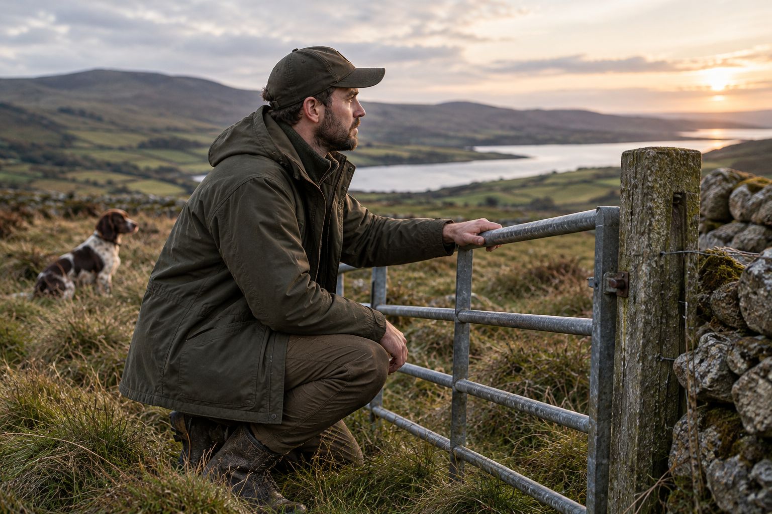Gamekeeper crouching beside a gate to check jacket coverage and sleeve fit