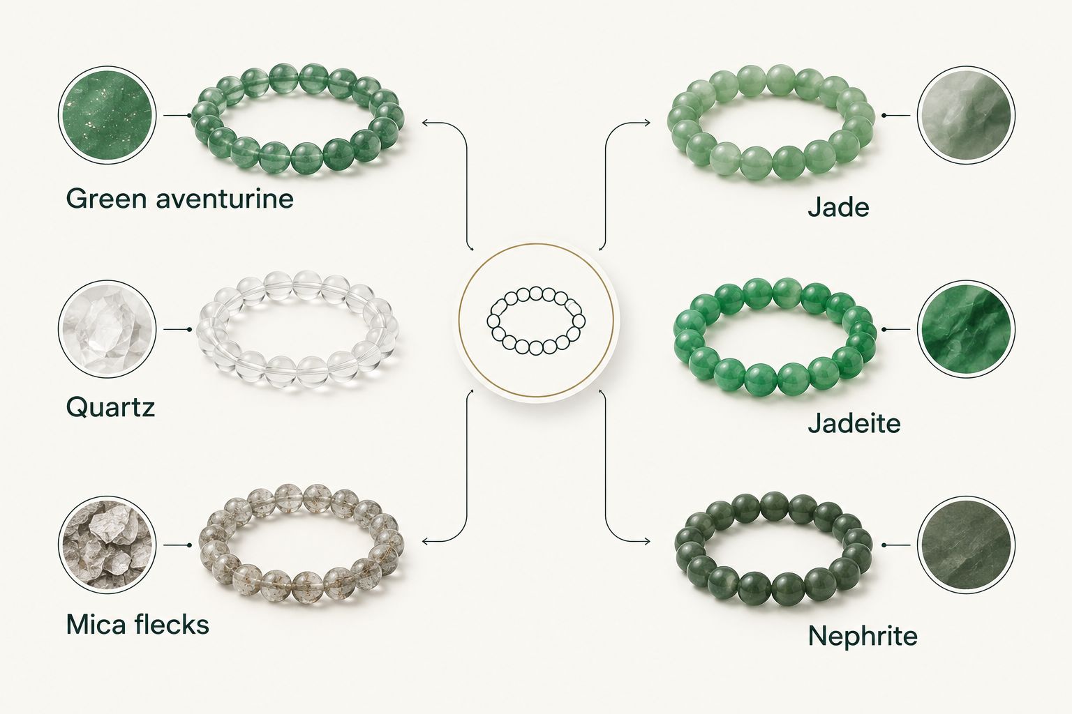 Green aventurine shown as quartz with mica flecks beside jade shown as jadeite or nephrite