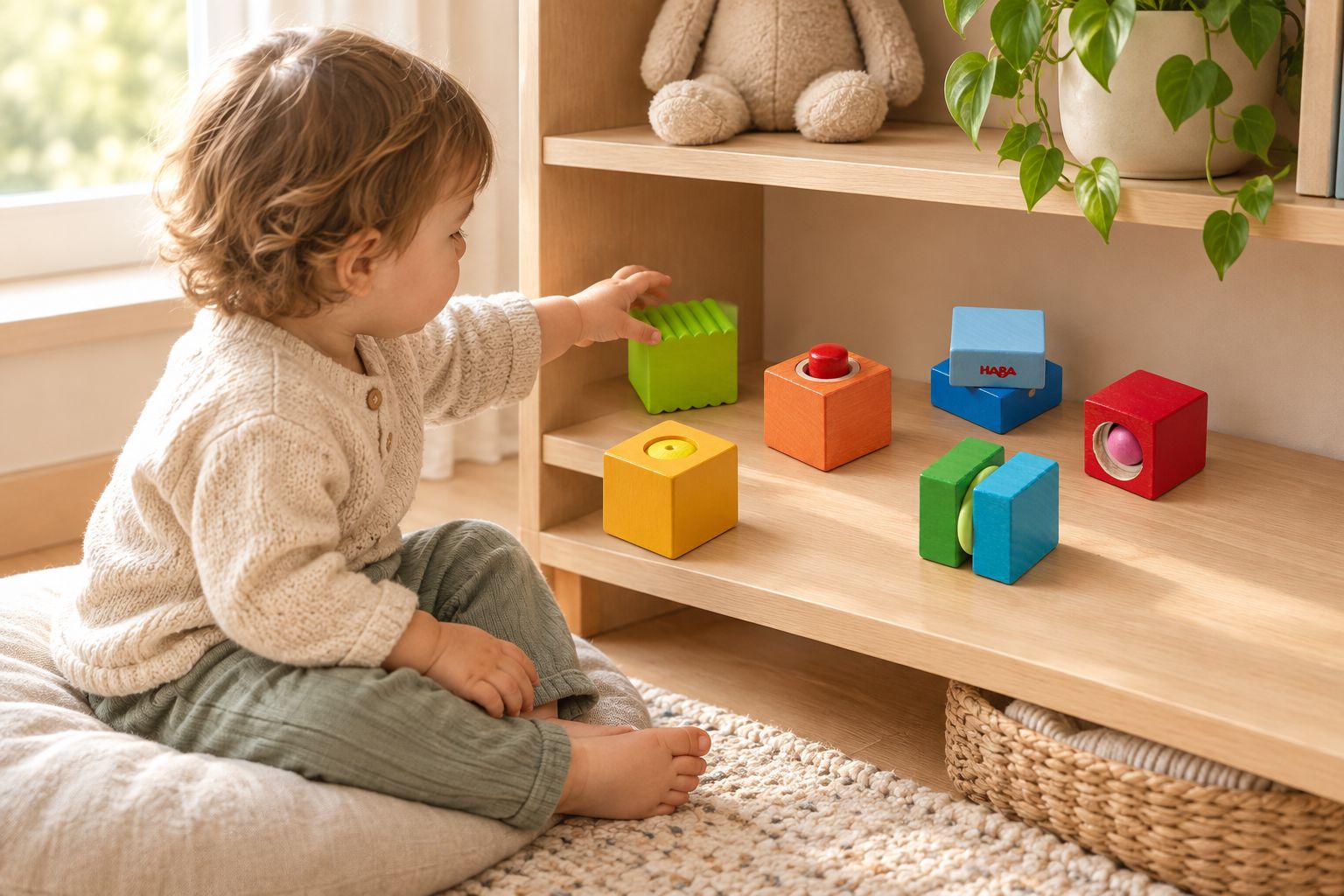 Fun with Sounds Wooden Discovery Blocks on a shelf in a calm corner