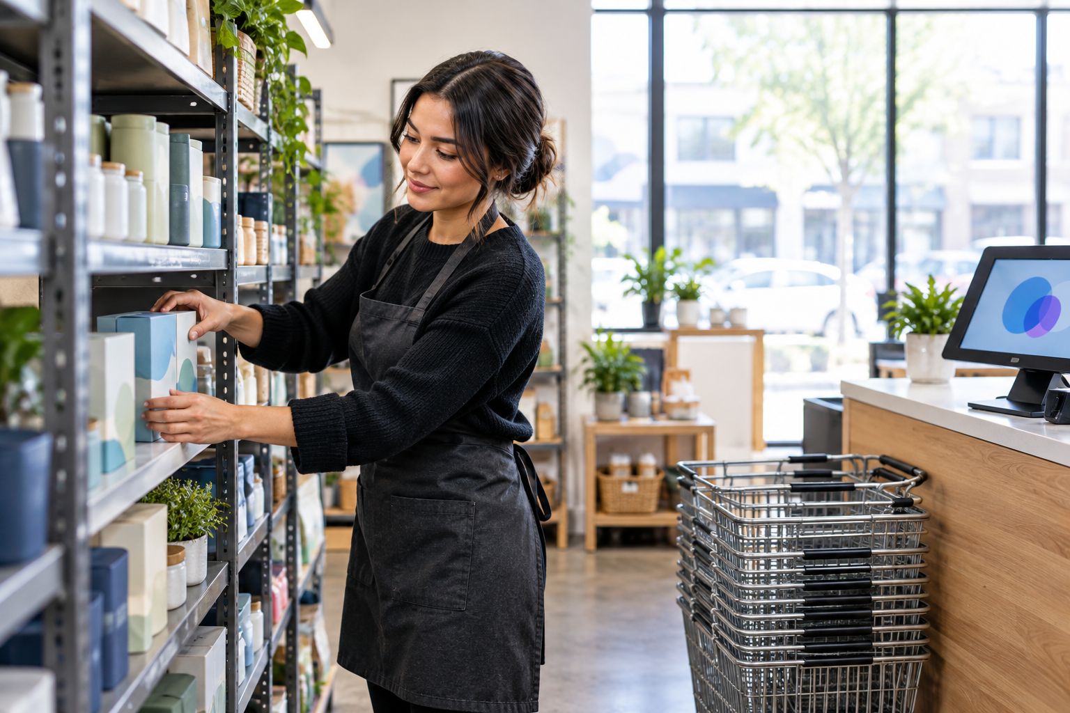 Retail store shelving and shopping baskets set up near checkout
