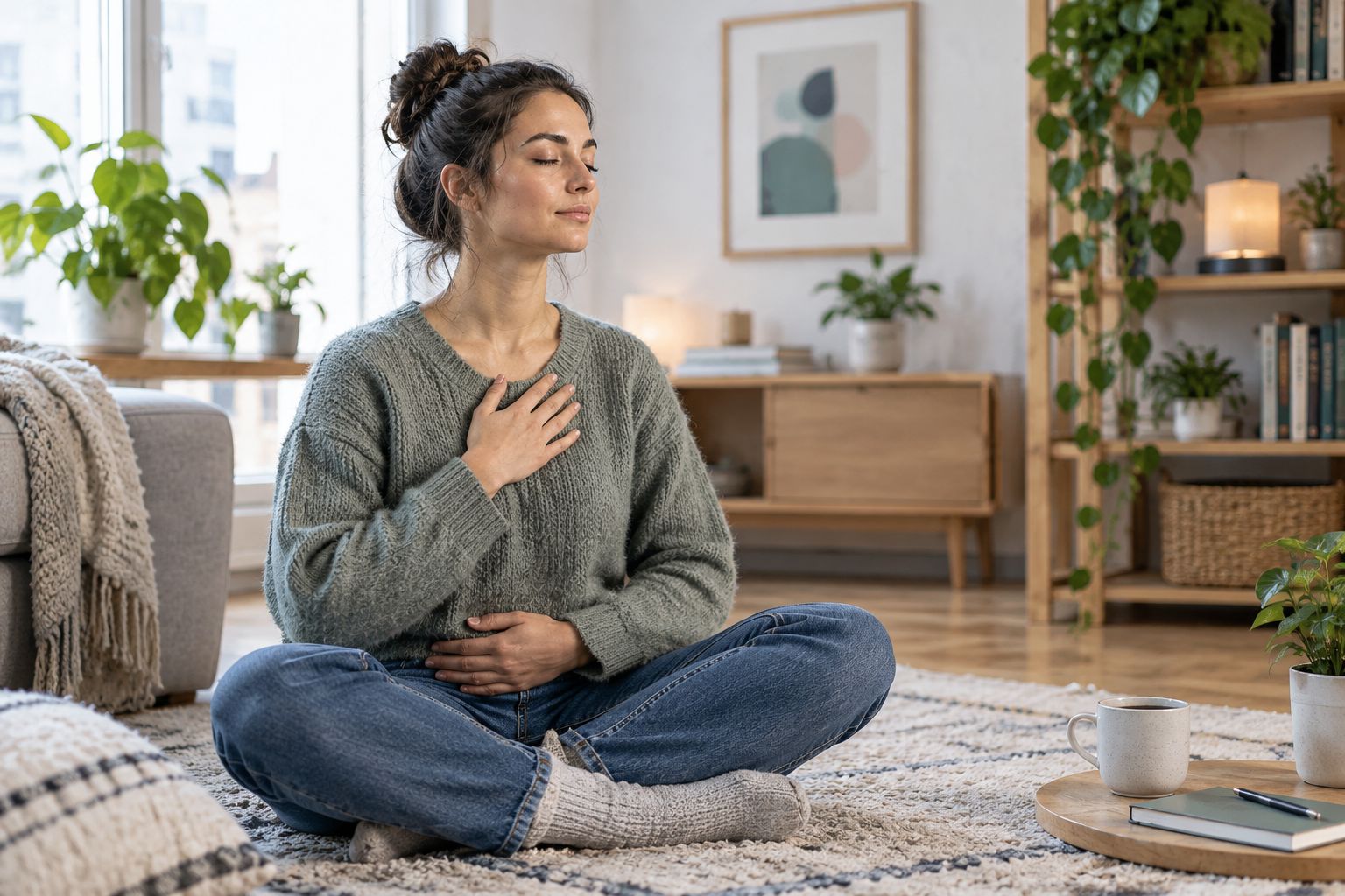 Person practicing a grounding exercise with a hand on their chest near a window