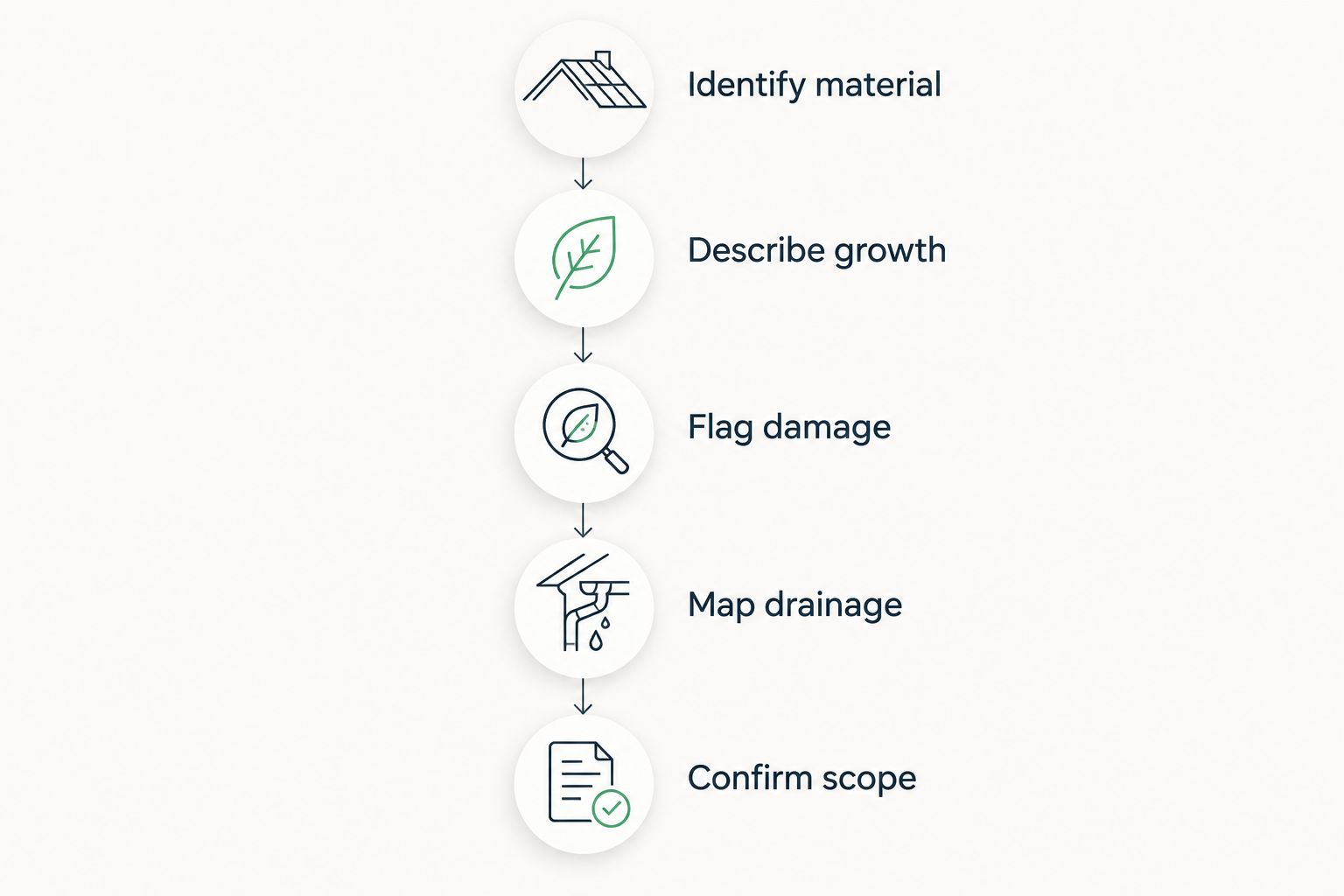 Five steps for preparing a roof cleaning request, from identifying material to confirming the scope.