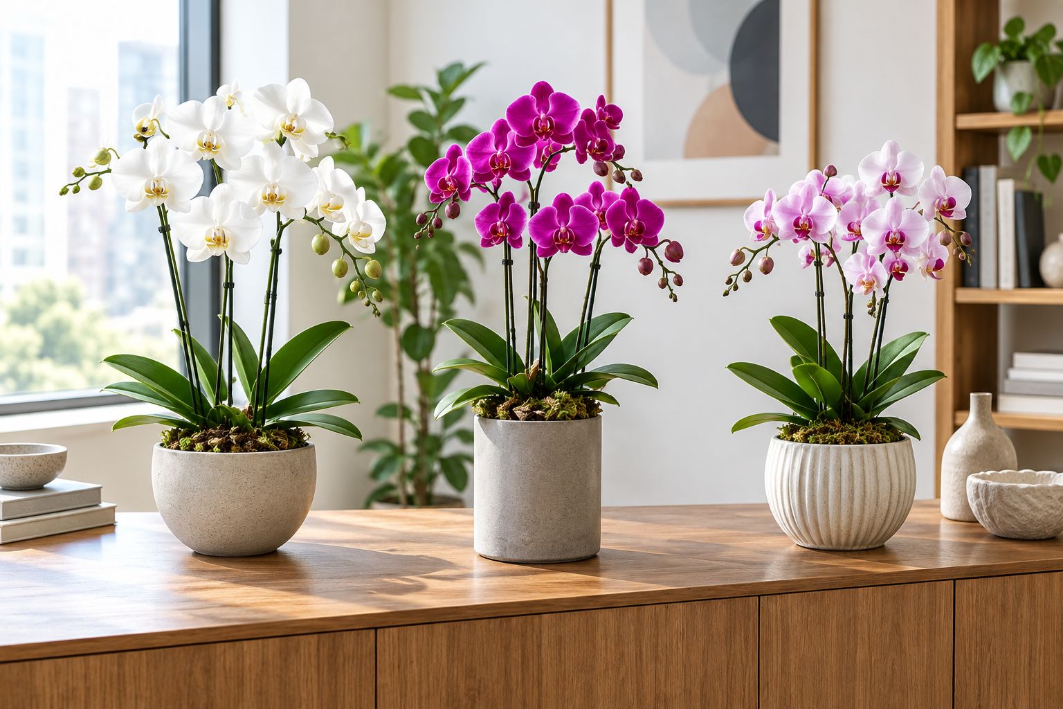 Separate potted orchids grouped on a sideboard with space between their containers