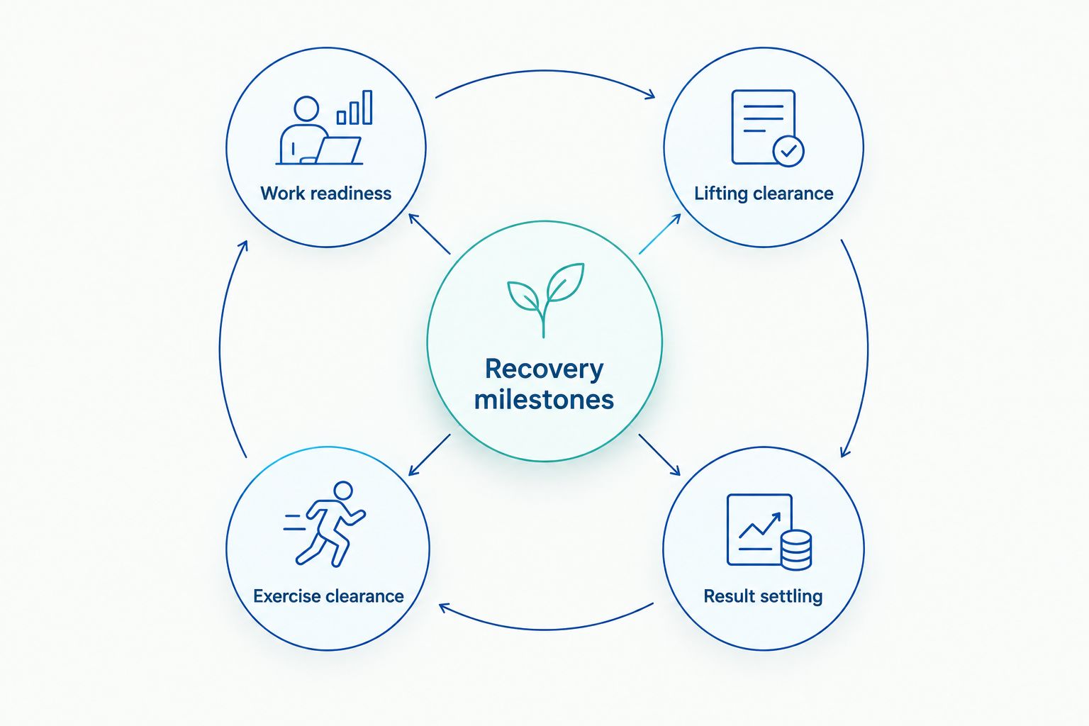 Four separate recovery milestones: work, lifting, exercise, and result settling.