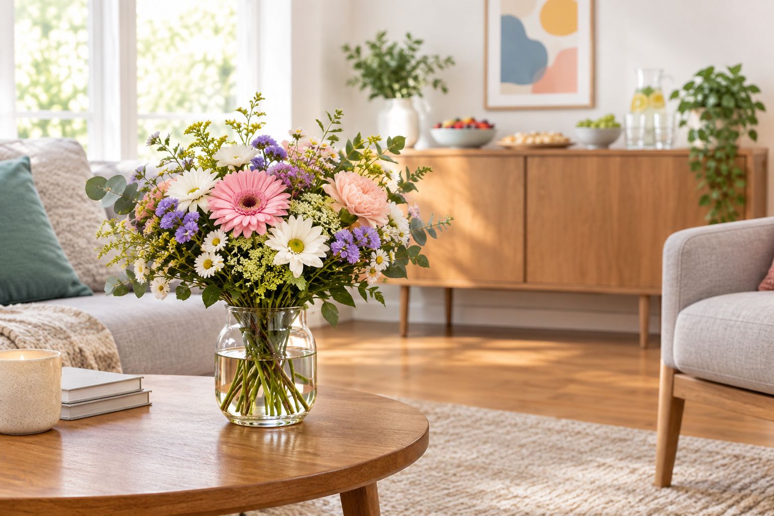 A small flower arrangement on a side table with clear space around it