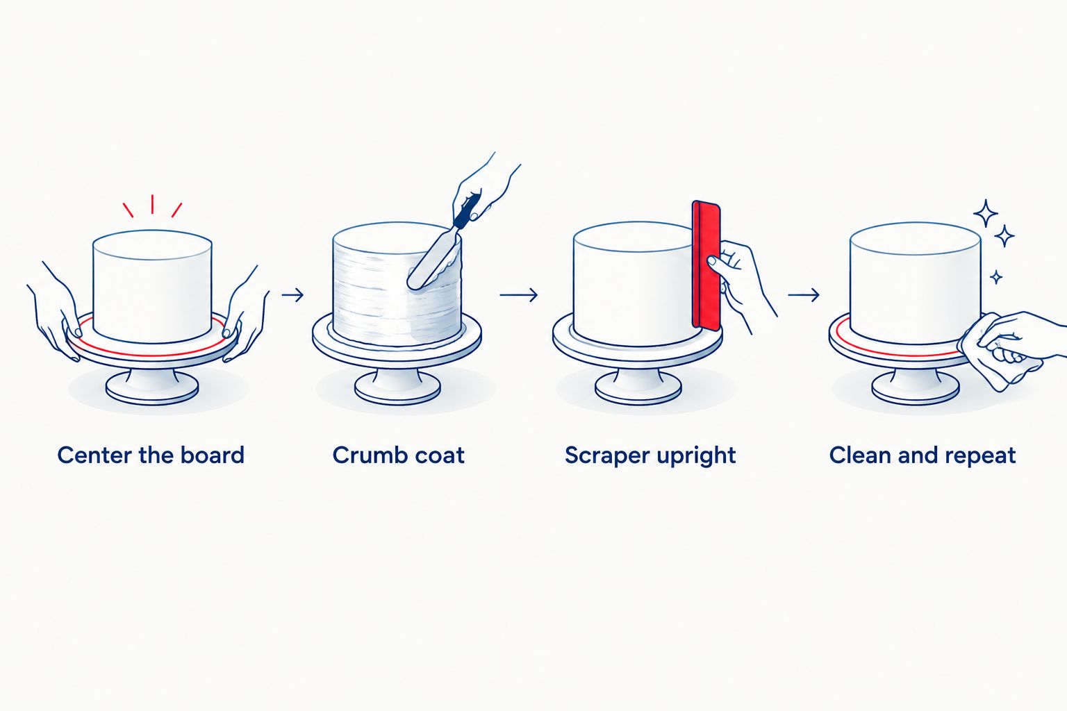 Four steps for centering a cake, crumb coating, holding a scraper upright, and cleaning between passes