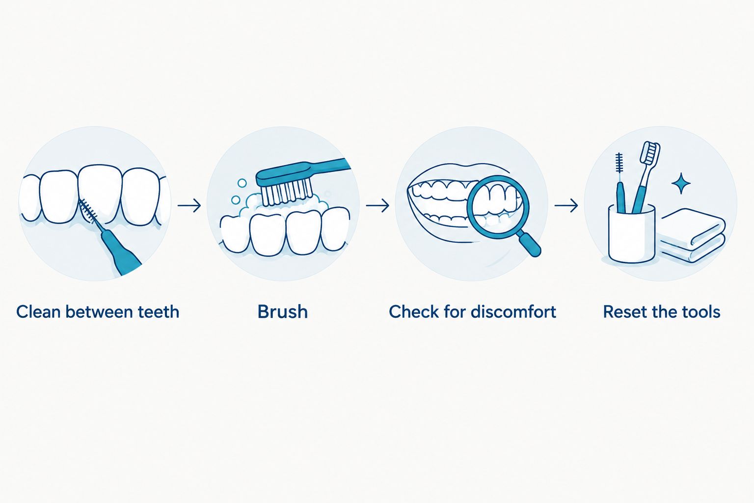 Evening sequence: clean between teeth, brush, check for discomfort, and reset the tools.