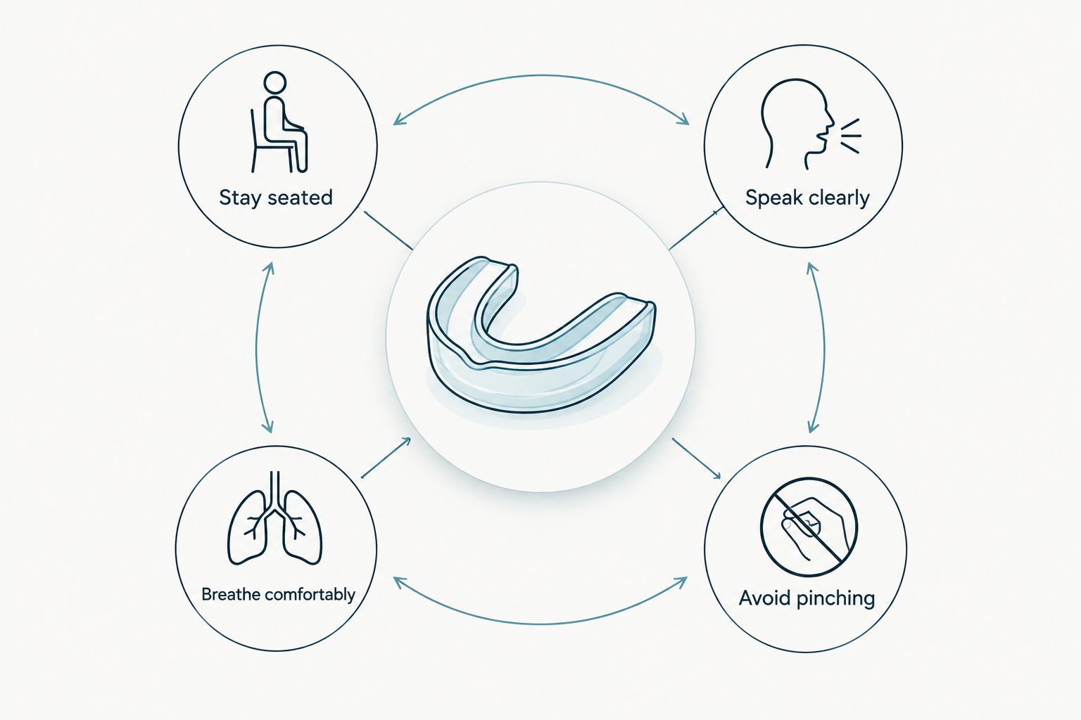 Four comfort checks for a sports mouthguard: retention, speech, breathing, and freedom from pinching.