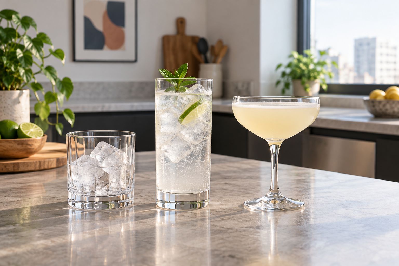 Rocks, highball and coupe glasses showing different shapes and uses