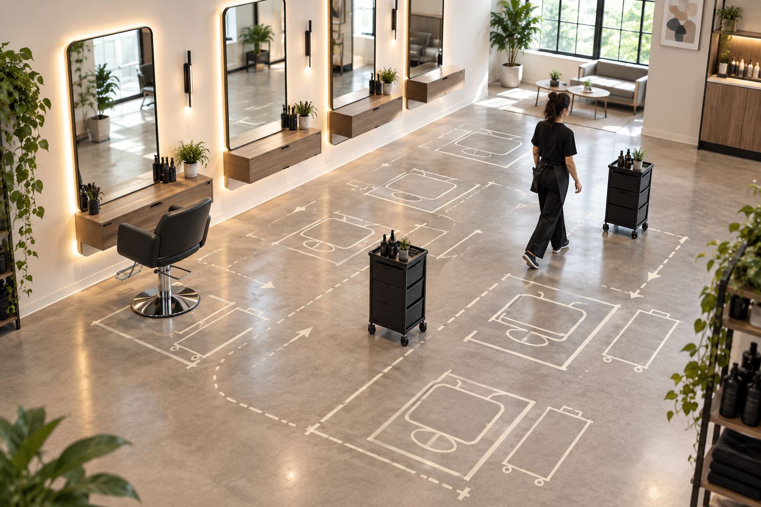 Salon floor mock-up showing chair positions, trolley space and a staff walking route