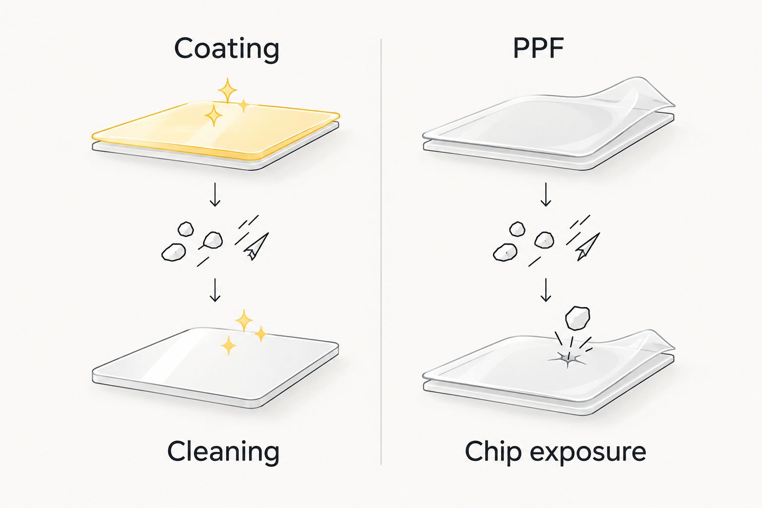 Two-column comparison of coating for cleaning and PPF for chip exposure
