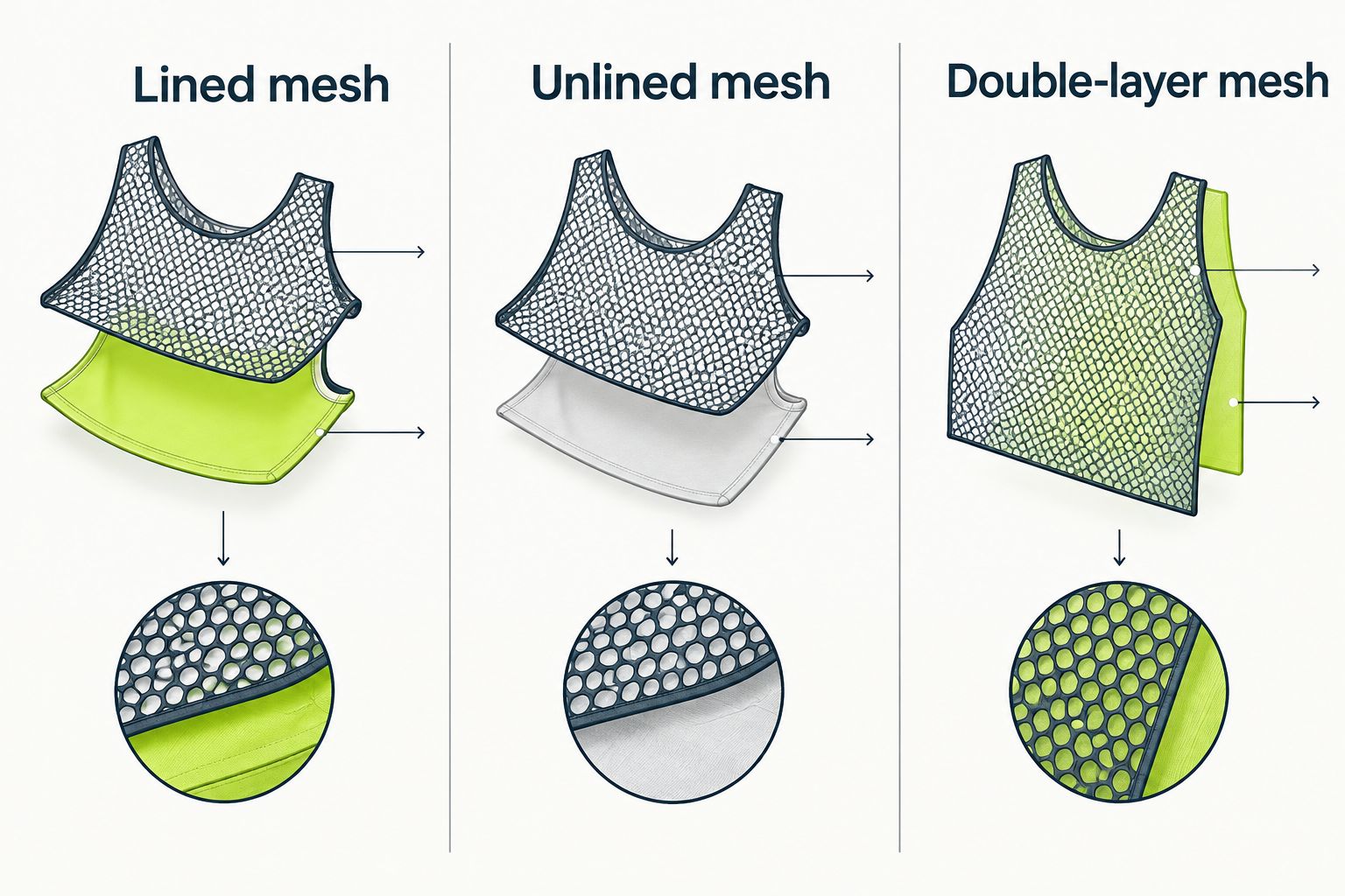 Three mesh shorts constructions showing an attached liner, separate base layer, and double-layer backing