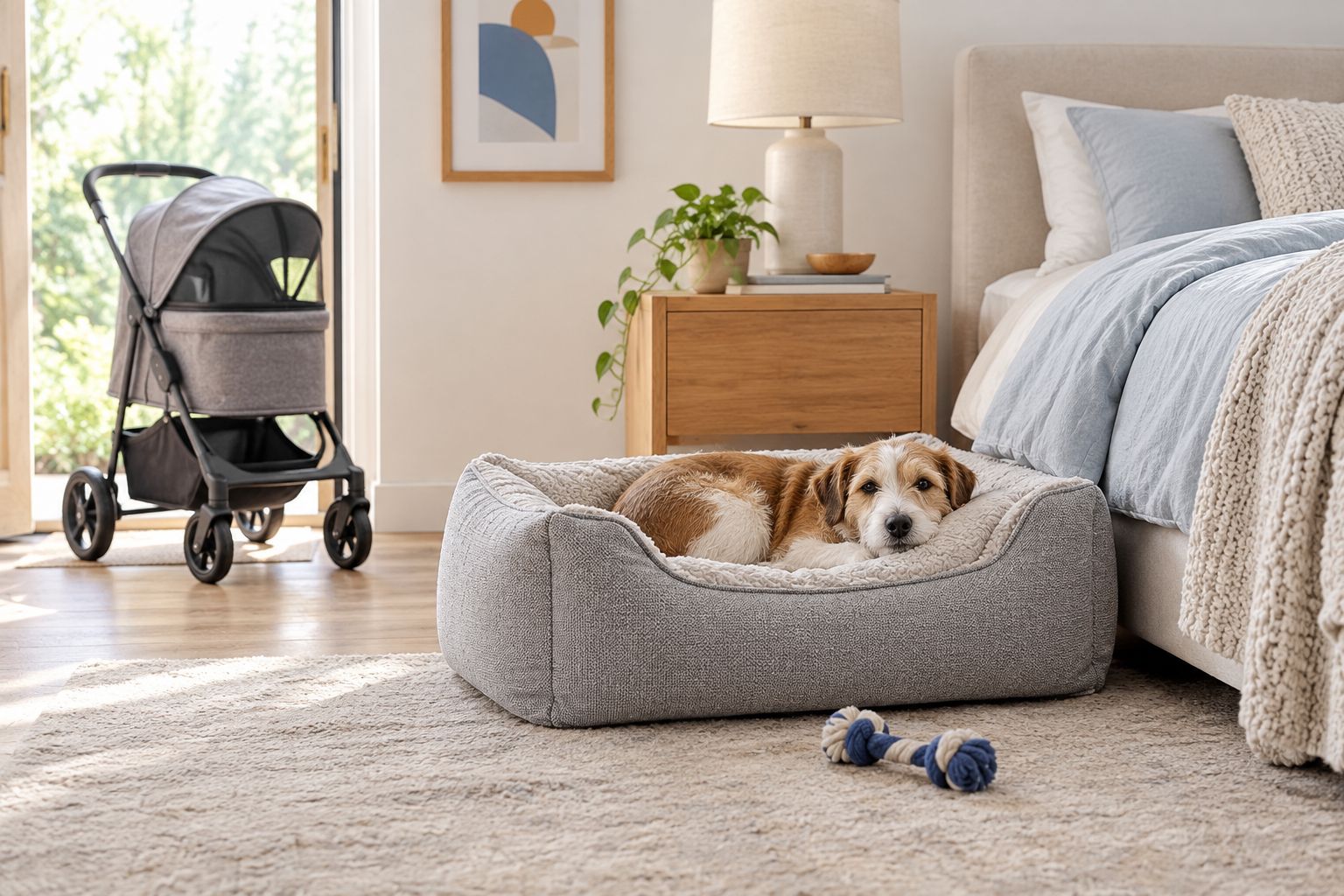 Dog resting in a bedside pet bed with a pet stroller near the bedroom door