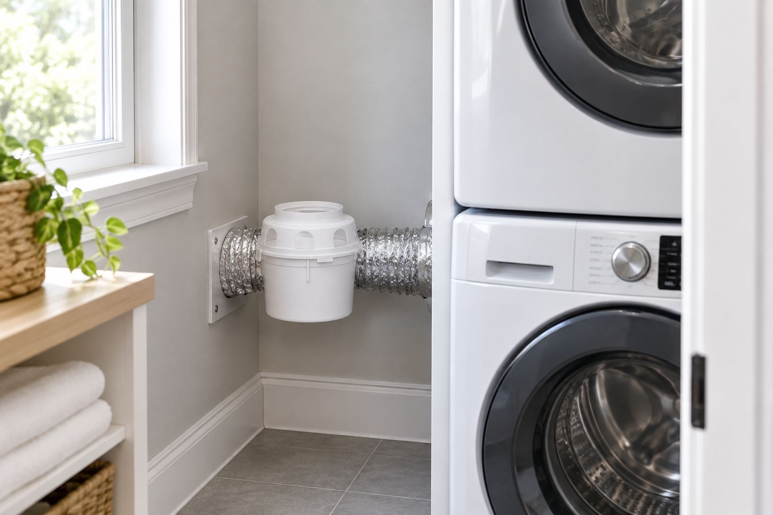 ProFlex Indoor Dryer Vent Kit installed behind a stacked laundry unit
