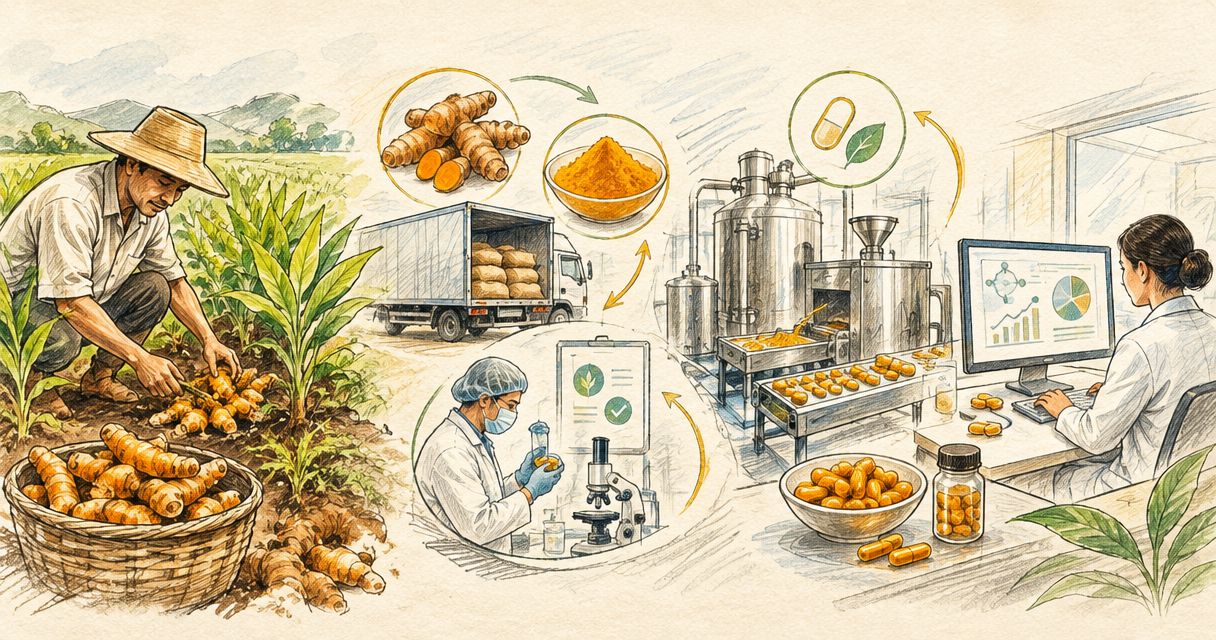 Connect Muzri turmeric sourcing to nutraceutical batch workflows