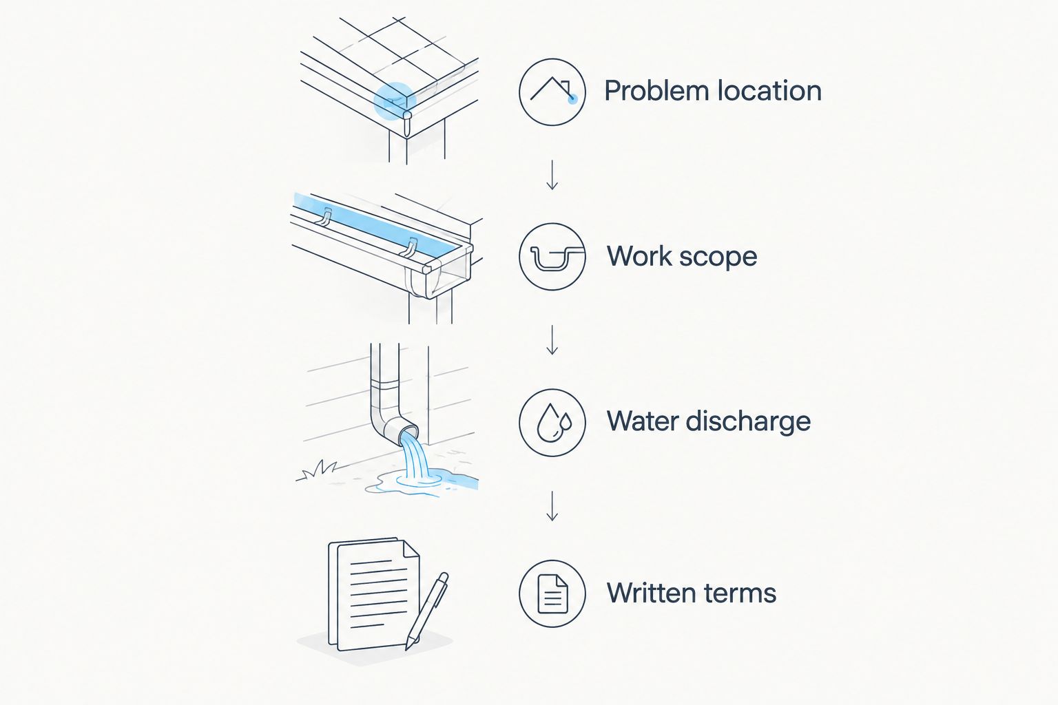 Four checkpoints for comparing gutter proposals: problem, scope, discharge, and written terms