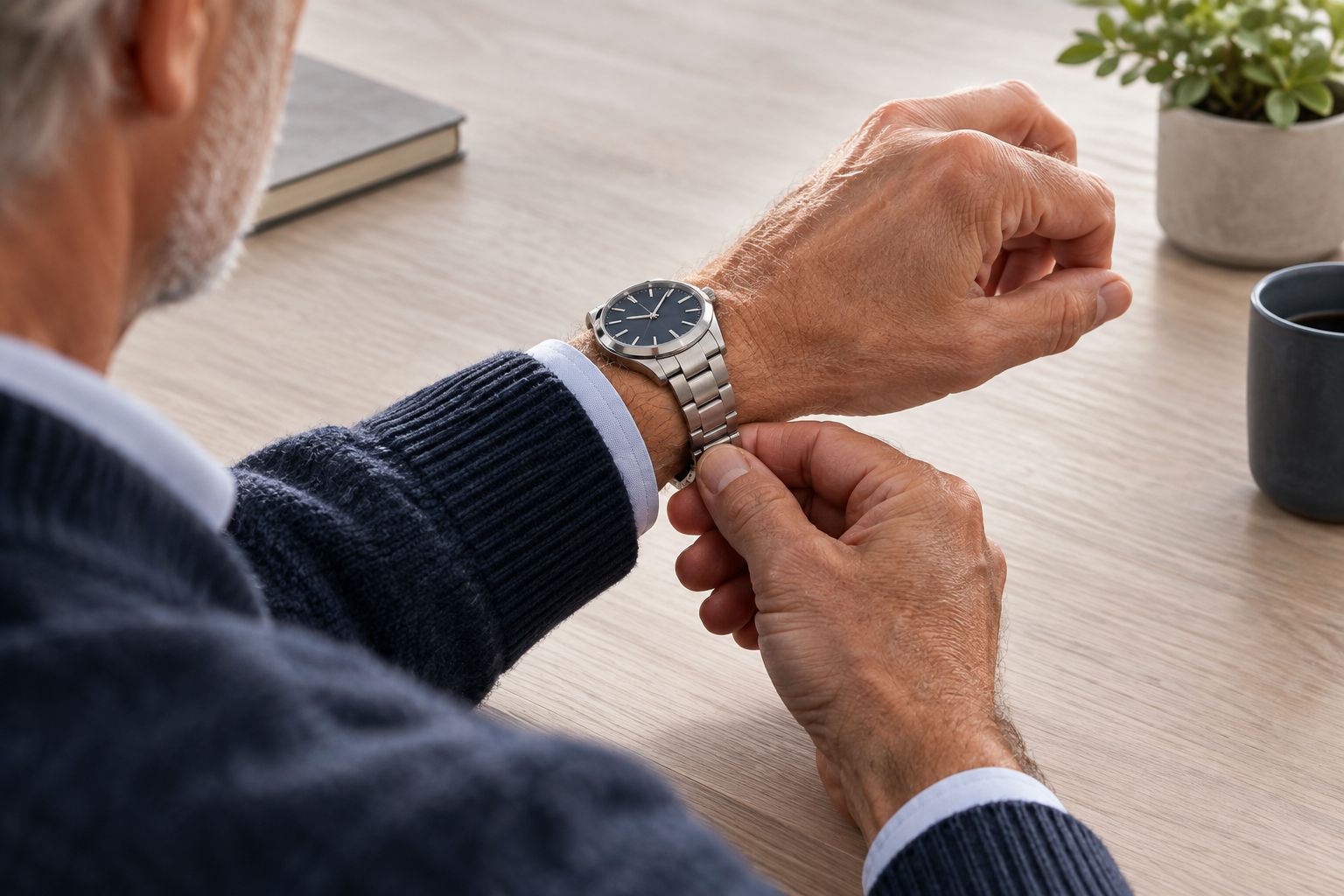 A person checking the fit and clasp of an unbranded wristwatch