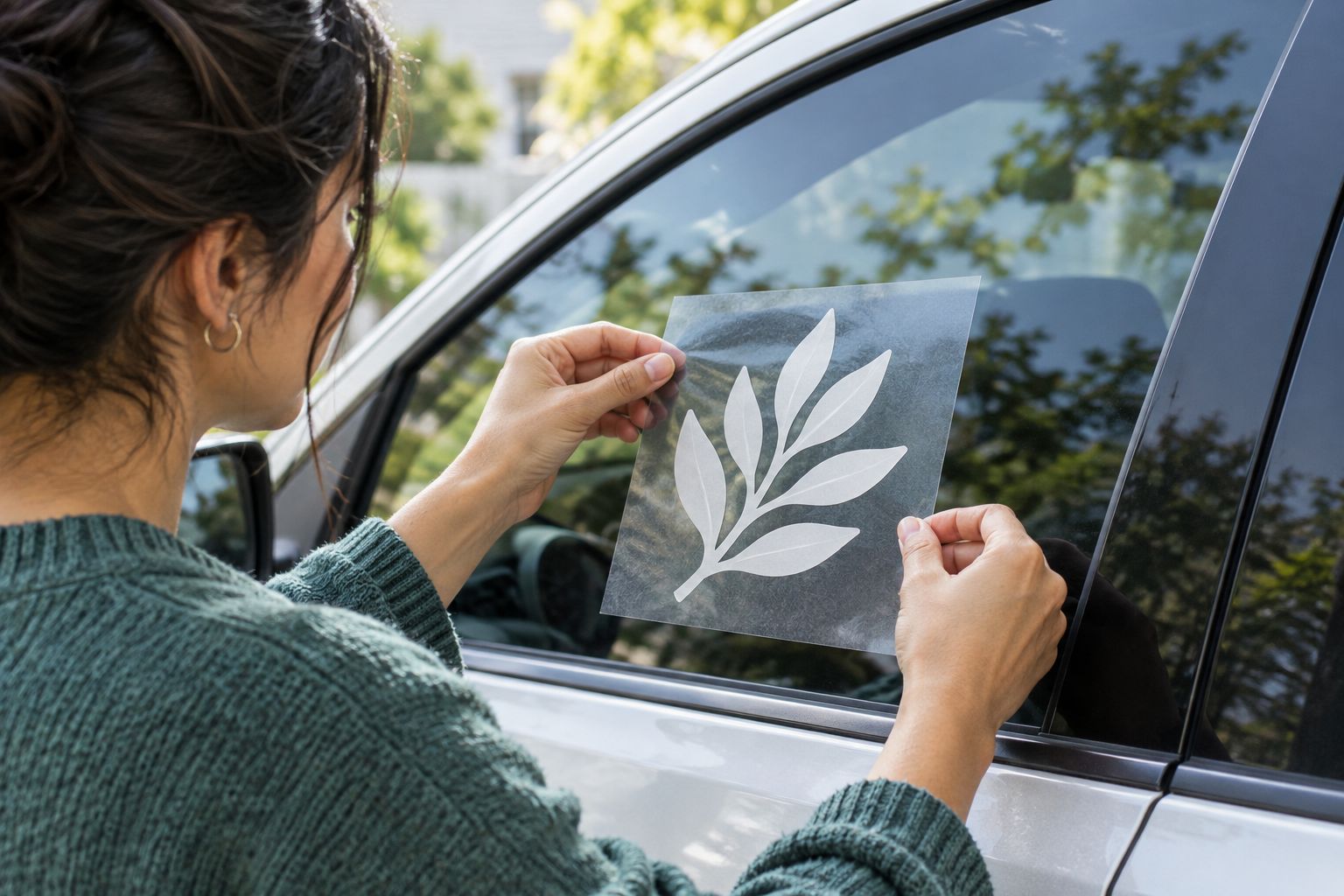 Hands checking the placement of a vinyl decal against a vehicle window