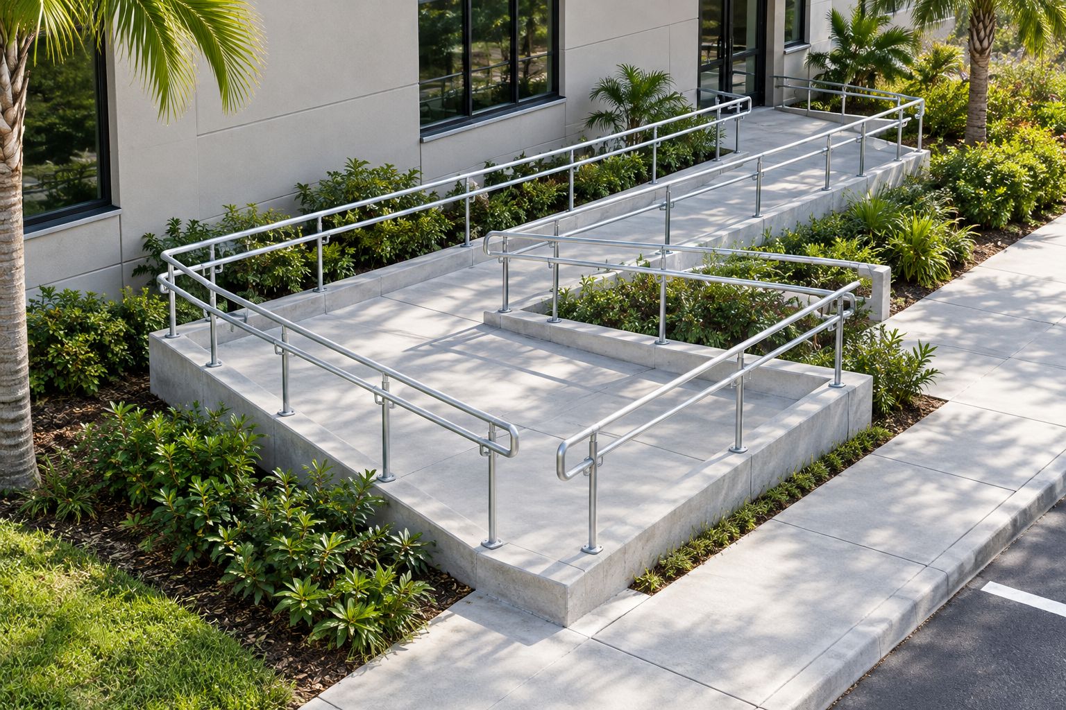 Concrete switchback ramp with parallel runs, handrails, and a clear turning landing