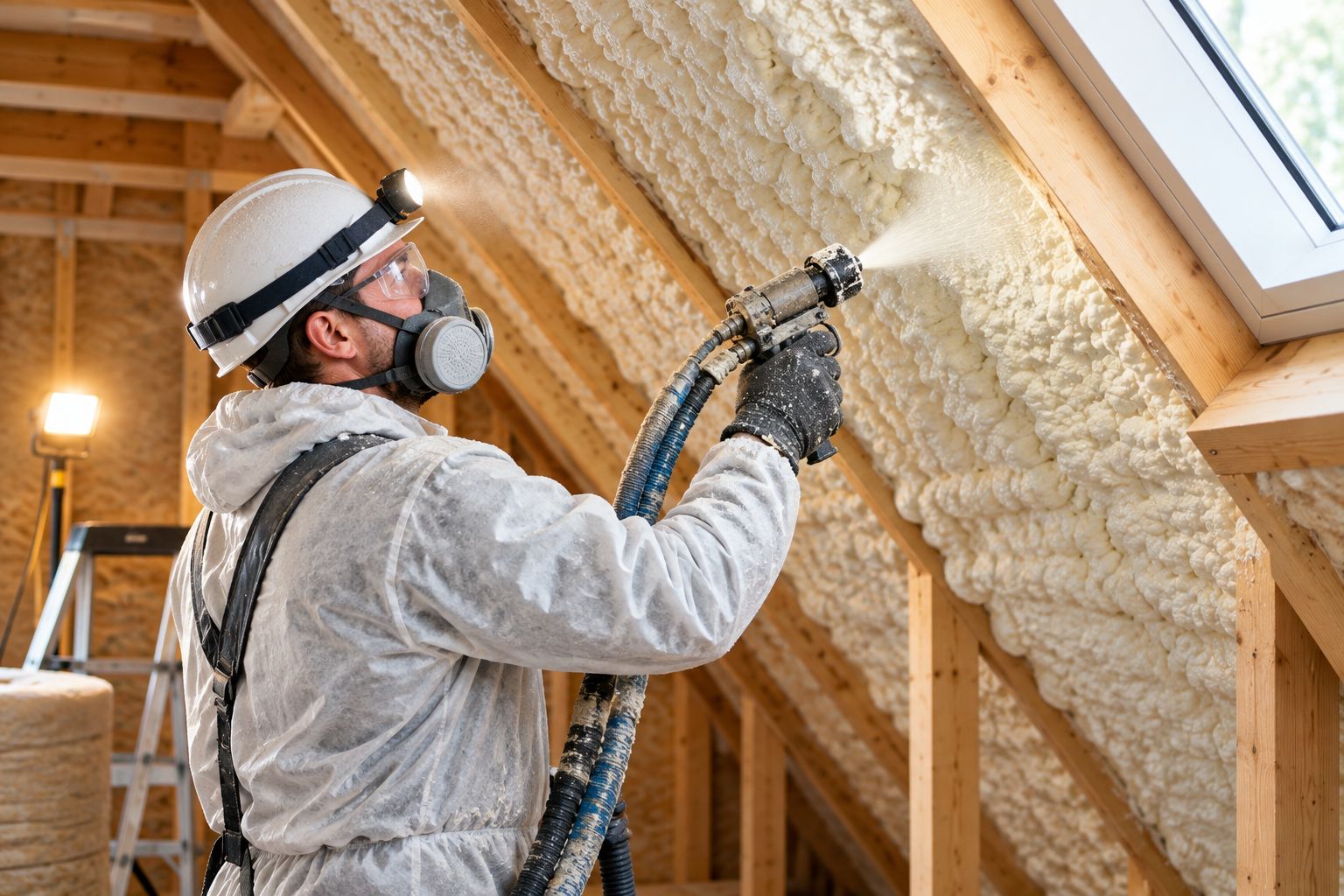 Technician spraying closed-cell foam insulation onto attic rafters
