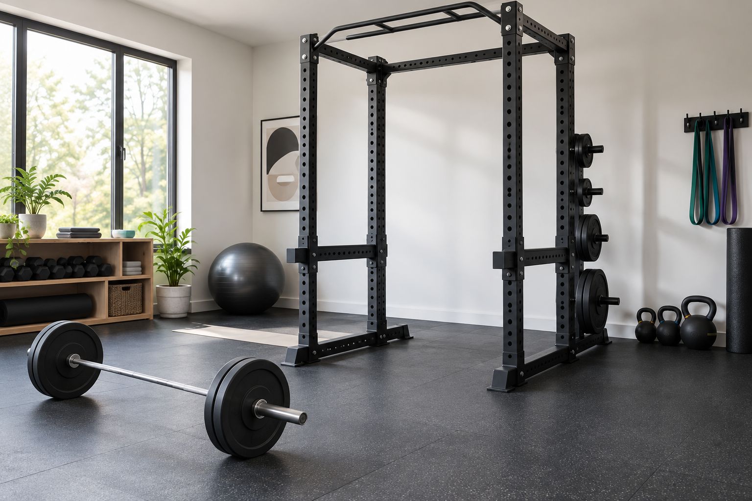Full power rack showing internal safeties and space beside the uprights