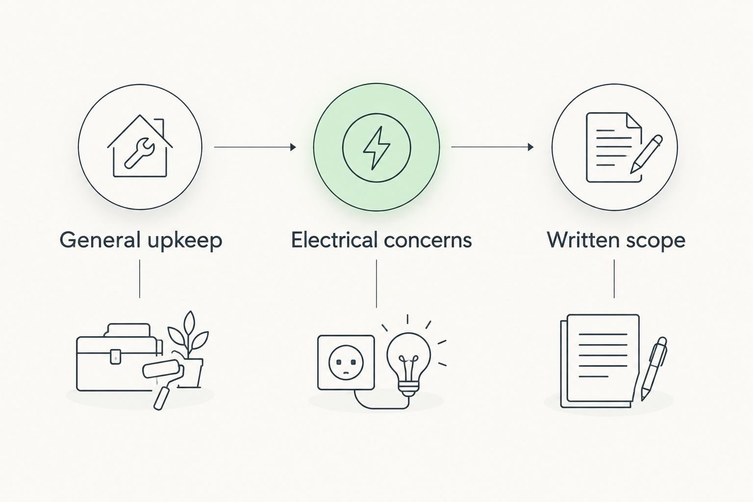 Repair request sequence separating general upkeep and electrical concerns before confirming written scope.