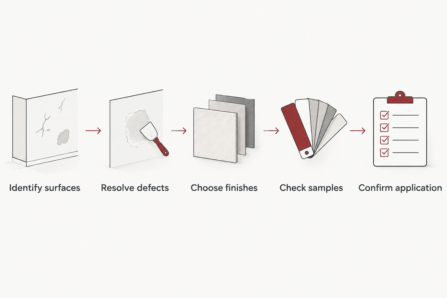 A surface-first sequence for choosing paint, from identifying surfaces to confirming application
