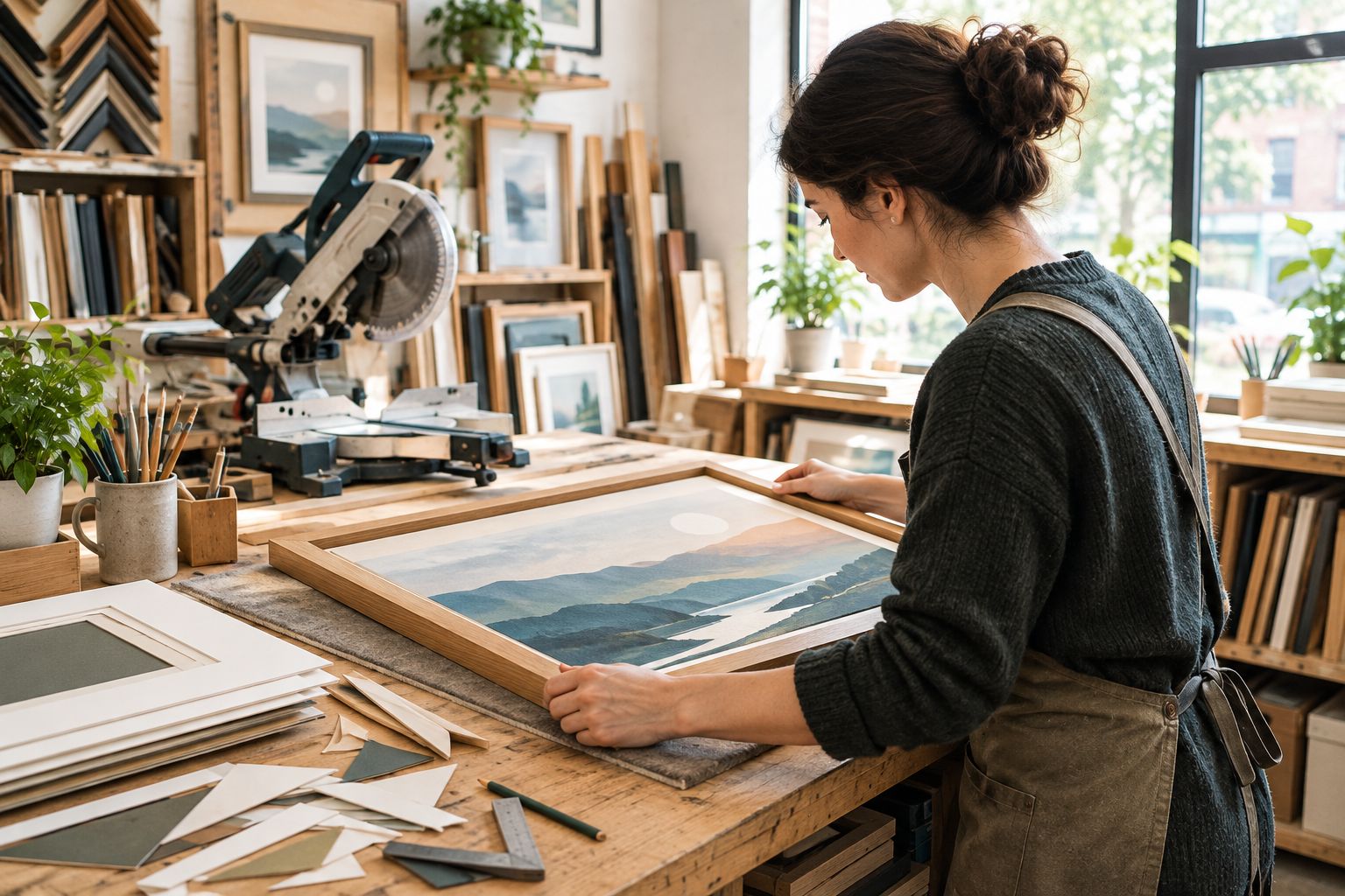 Framer fitting a custom wooden picture frame in a workshop