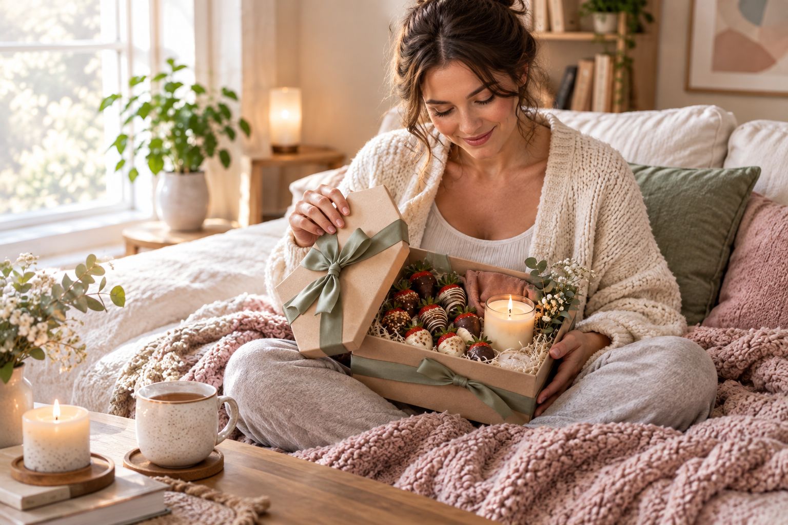 Woman on a couch opening a comfort gift box of chocolate-dipped strawberries