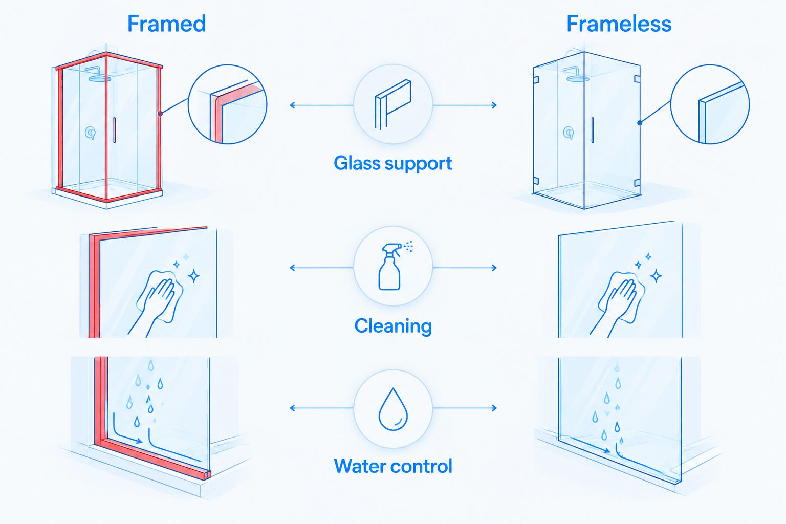 Framed and frameless shower doors compared by glass support, cleaning, and water control